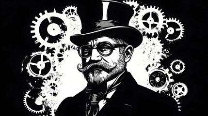 Man in Top Hat and Glasses with Cogwheel Illustration in Black and White.