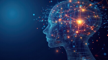 A wireframe head with glowing connections and futuristic elements, representing artificial intelligence technology