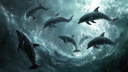 Fototapeta premium Dolphins leaping and playing in dark ocean waves under moonlight.