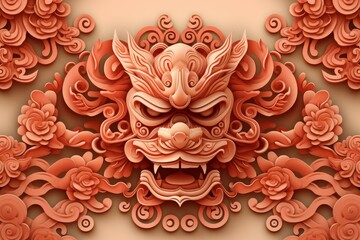 Stunning papercut art piece showcasing a fierce dragon head amidst delicate floral patterns, celebrating chinese culture and craftsmanship