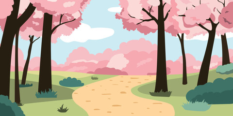 Spring cherry blossom forest landscape, blossoming sakura trees and bushes with a route. Vector illustration