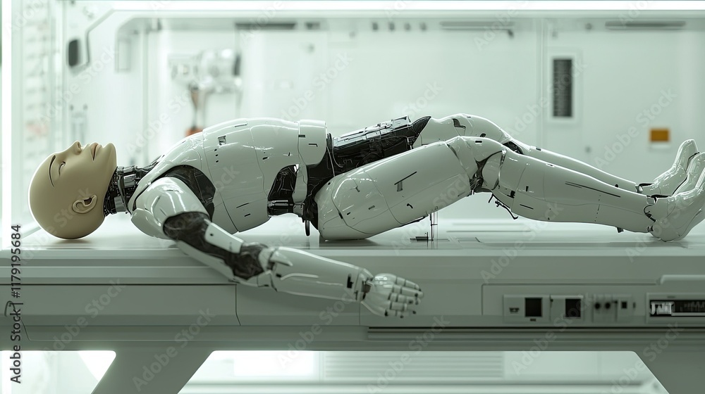 Poster futuristic android model on examination table in high-tech lab setting