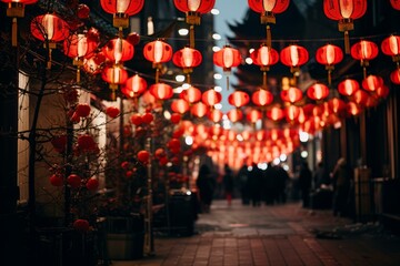 Red lanterns creating a magical atmosphere in a chinatown street at night