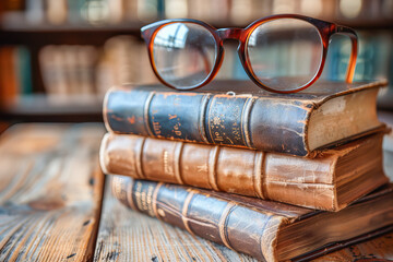 Old worn books with eyeglasses resting on top in library