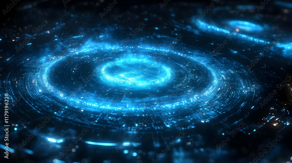 Poster Abstract Blue Light Streaks Radiate Outward Dynamically from a Central Core, Creating a Futuristic Design.