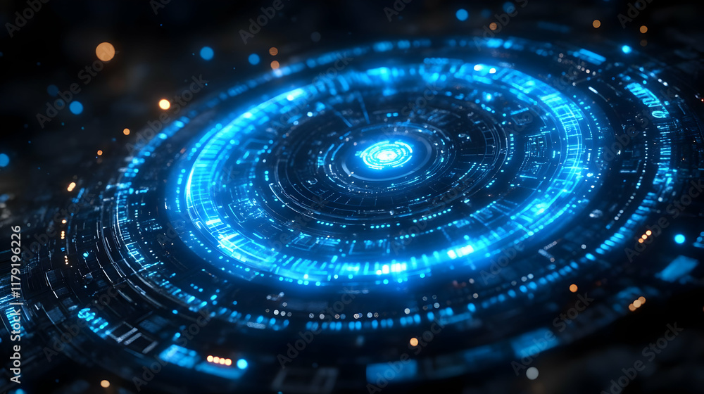 Aufkleber futuristic blue circular interface glows brightly in a dark environment with bokeh effects.