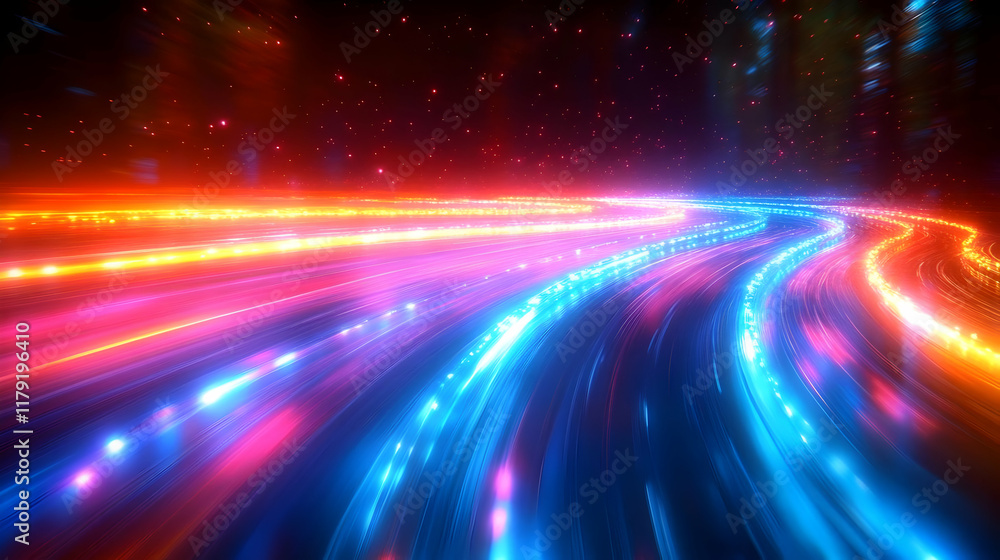 Poster abstract background with colorful light trails and sparkles gracefully flowing through space