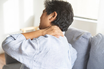 Pain body muscles stiff problem, suffer asian senior woman painful, older hand holding neck ache...