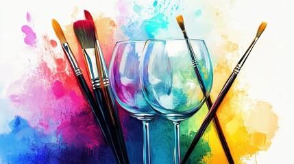 Fototapeta premium Artistic Composition with Paint Brushes and Empty Wine Glasses