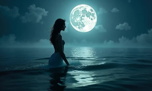 A mystical siren mermaid singing under the full moon