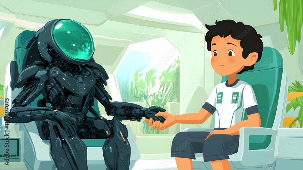 Aufkleber a boy and a robot share a moment of connection in a futuristic setting
