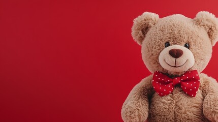 A teddy bear sitting next to an open box of heart-shaped chocolates on a red background. Pink roses and paper-cut hearts 
