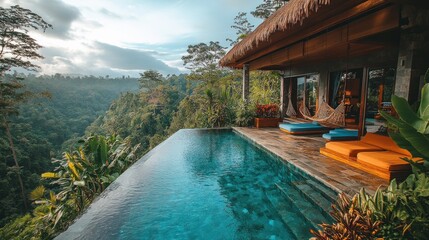 Obraz premium Infinity pool overlooking lush jungle.
