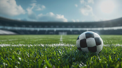 Fototapeta premium Soccer ball on a lush green field in a professional sports stadium setting