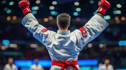 Victory Celebration of Karate Champion with Arms Raised High