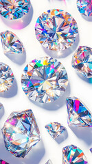 Wallpaper featuring numerous diamonds with abundant reflections and refractions on a white background, 