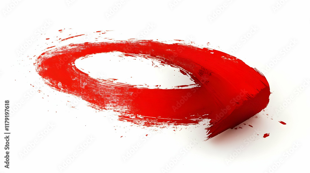 Poster red paint stroke forms an oval shape on a white background with visible brushstrokes.