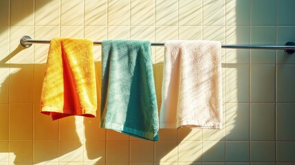 Two colorful towels hanging neatly on a metal clothesline against a tiled bathroom wall, sunlight streaming in.