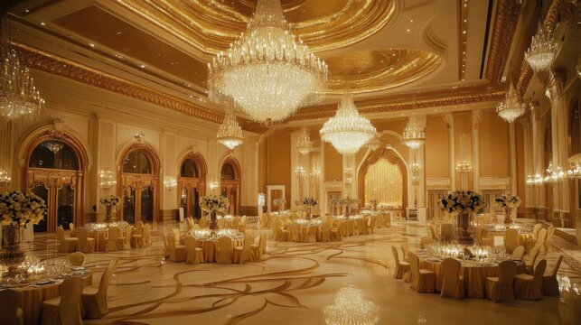 grand ballroom with sparkling chandeliers, golden decor, luxurious and elegant, perfect for royal events and celebrations