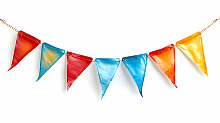 Colorful Triangular Flags Hanging on a String Against a White Background