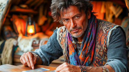 A gypsy man in a patterned vest and with a colorful scarf around his neck