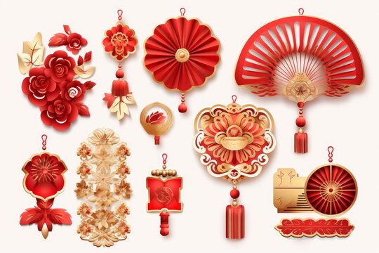 Intricate red and gold paper cutouts, traditional decorations for lunar new year celebrations, hanging with decorative tassels