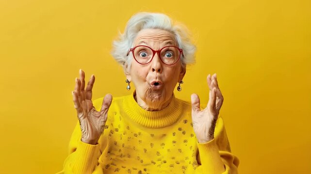 surprised senior woman in eyeglasses over yellow background