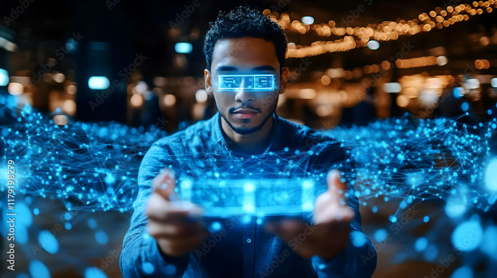 Aufkleber man explores futuristic interface, manipulates virtual data with augmented reality glasses in a blur