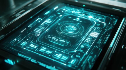 Fototapeta premium Close-up of a glowing holographic interface on a digital tablet, futuristic and realistic depiction, isolated with a clean gradient background for clarity.