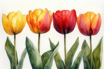 A watercolor illustration of vibrant tulips in various colors against a light background.