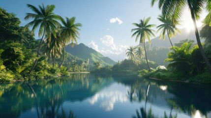 Obraz premium Serene tropical river scene with lush palm trees and mountains reflecting in calm water under a bright sky.