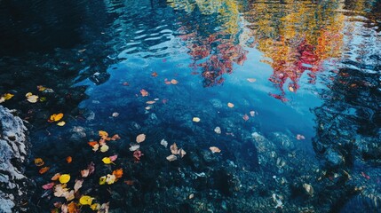 Fototapeta premium Tranquil Autumn Reflections in a Clear Water Body with Colorful Foliage