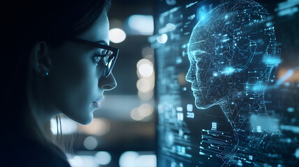 Artificial intelligence woman Networking Virtual, AI and a human working together