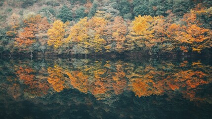 Autumn Colors Reflected in Calm Water with Lush Trees Nearby
