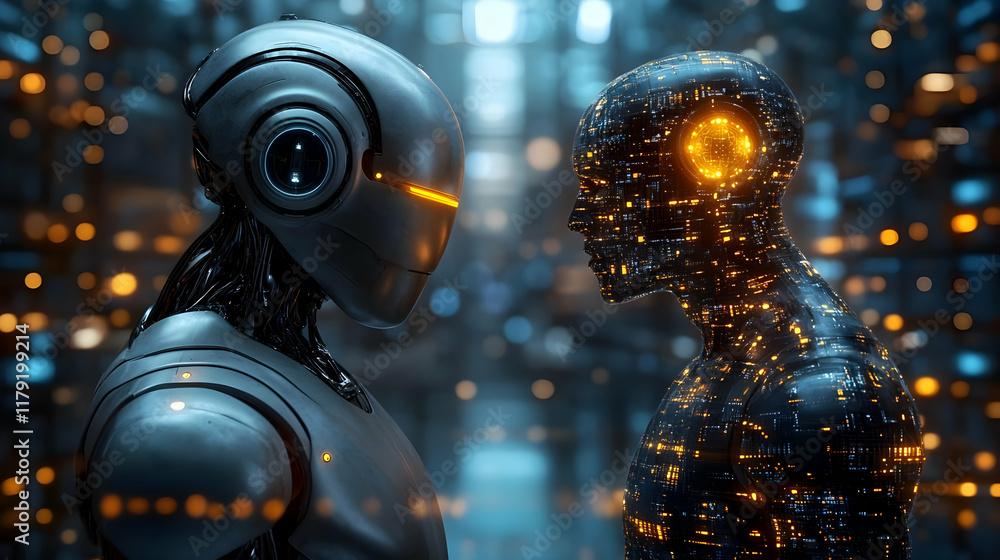Poster two futuristic robots face each other in a technological environment, highlighting the advancements 