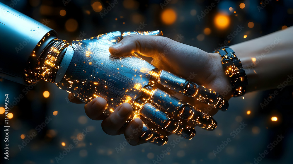 Poster human hand shakes a futuristic robot hand with glowing circuits in a dark bokeh background