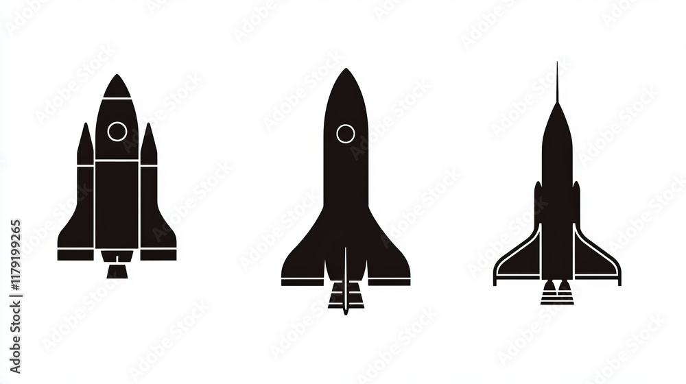 Poster spaceship icon of space ship, rocket and shuttle vector silhouette. rocket startup or spaceship laun