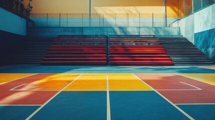 An indoor basketball court with no players, showcasing neatly arranged bleachers and vibrant court markings