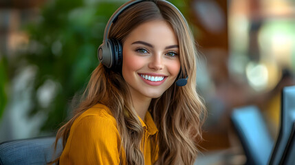 Smiling Woman with Headset Works in Customer Service Office, Efficiently Handling Inquiries with Professionalism.