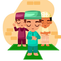 flat illustration of muslim men performing congregational prayers