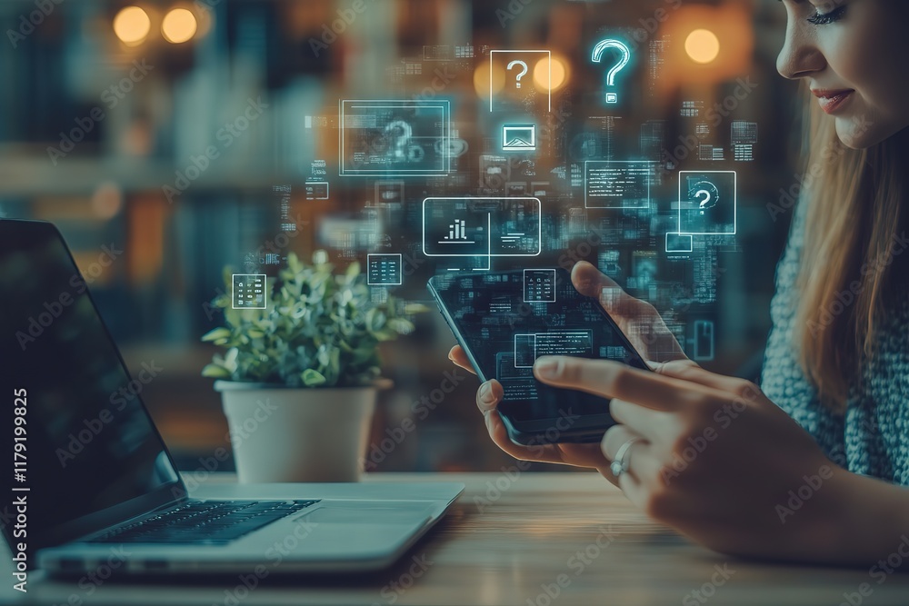 Poster image features a close-up of hands operating a smartphone and laptop on a desktop, with a blurred ab
