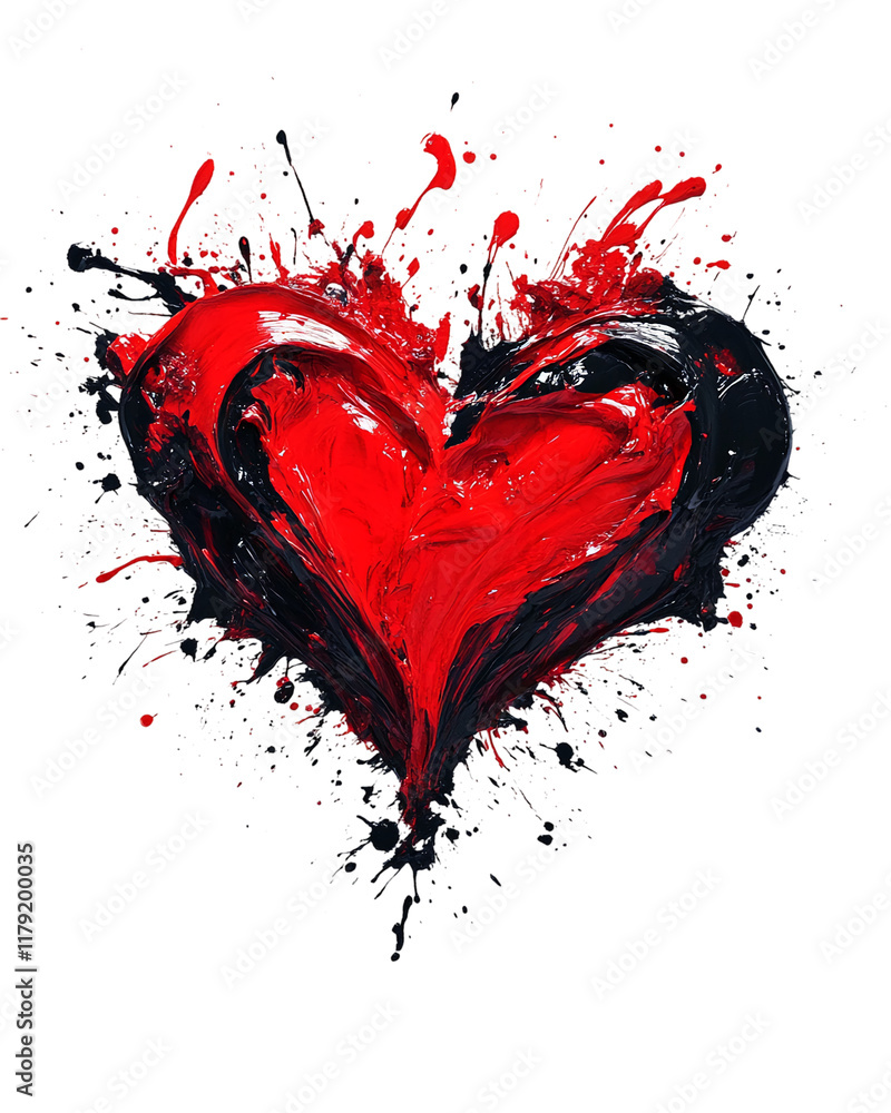 Poster vibrant red and black abstract heart with splatter and paint drips on transparent background. png im