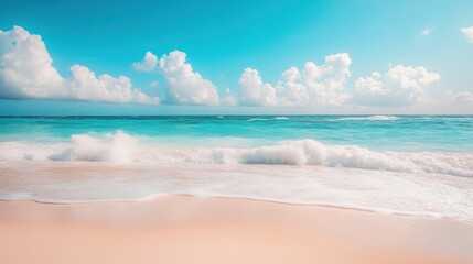 Obraz premium Serene Beach Scene Azure Ocean Waves Gently Lap Pink Sand Under a Sunny Sky.