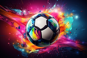 Naklejka premium Unbelievable Soccer Ball Emerging from a Whirlpool of Vivid Paints Symbolizing Energy and Movement