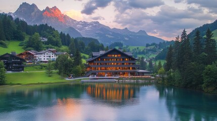 Fototapeta premium Mountain lake resort at sunset, reflecting in calm water.