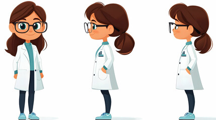 Cute Girl in Lab Coat Poses Confidently with Glasses and Ponytail on White Background