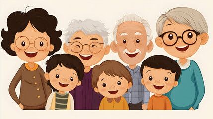 Happy Family Portrait Shows Grandparents, Parents, and Grandchildren Smiling Joyfully Together.