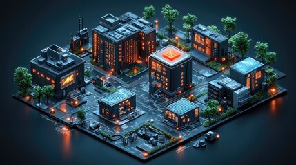 Isometric Cityscape Smart City at Night, Sustainable Energy, Circuit Board Background, Futuristic Urban Planning.