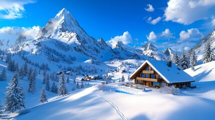 Snowy mountain chalet village winter landscape.