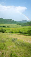 Rainbow over Green Valley Landscape Illustration